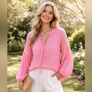 Jade Melody Tam Pink Boho Tunic Blouse Sleeve Tie Neck Lined ResortSize L
